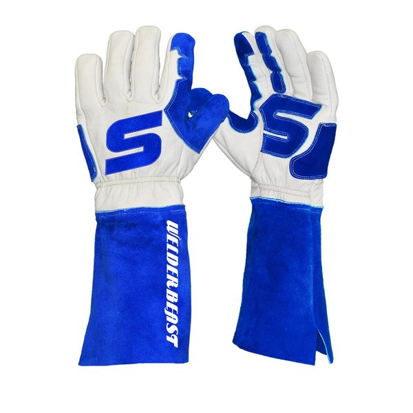 Azusa Safety Welderbeast Buffalo Leather Stick Welding Gloves, White w/9" Blue Split Grain Flex Cuffs, L WSTICK
